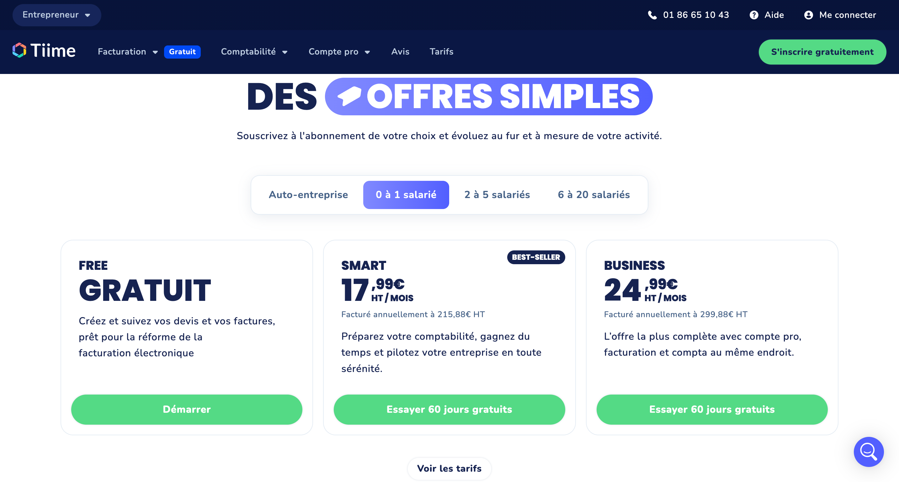 Grille tarifaire Tiime : offre Free gratuite, Smart 17,99€ HT/mois et Business 24,99€ HT/mois