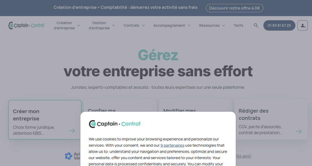 Page d'accueil de Captain Contrat, création d'entreprise avec accompagnement juridique