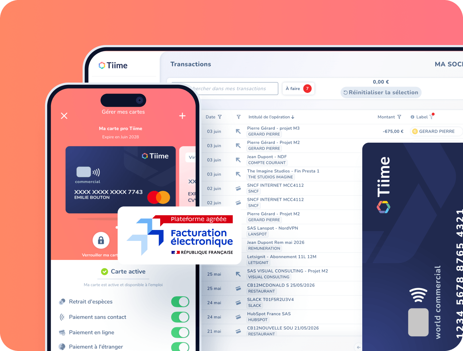 Compte pro Tiime avec IBAN français et carte Mastercard business intégrés à la facturation et à la comptabilité