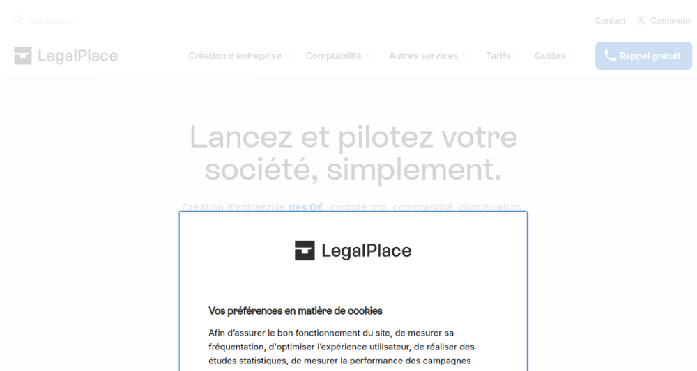 Page d'accueil de LegalPlace, création d'entreprise en ligne