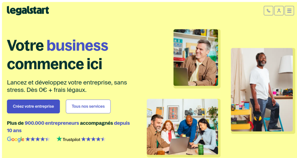 Page d'accueil de Legalstart, création d'entreprise en ligne