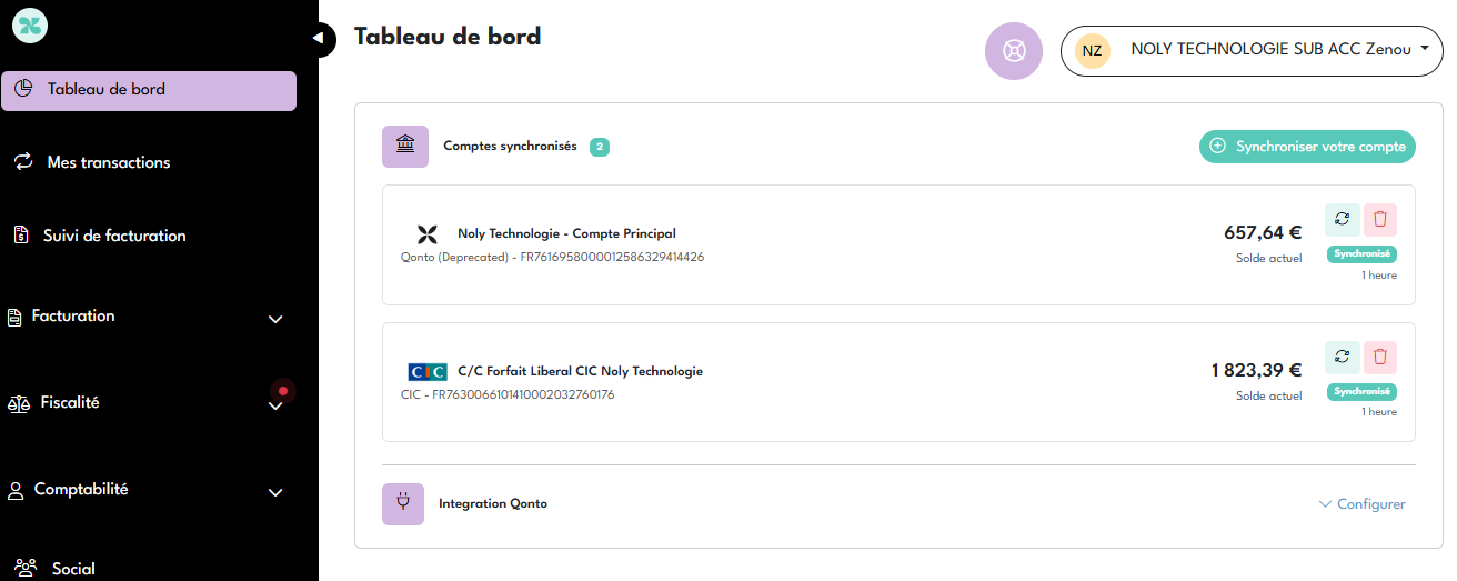 Tableau de bord Noly Compta avec comptes bancaires synchronisés