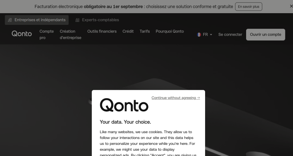 Page d'accueil de Qonto, création de société et compte professionnel