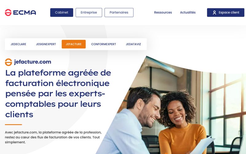 Page d'accueil de jefacture.com, la plateforme agreee de facturation electronique editee par ECMA