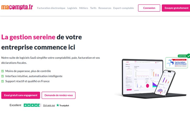 Page d'accueil de macompta.fr, suite de logiciels de comptabilite, paie et facturation