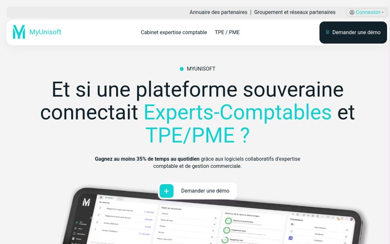 Page d'accueil de MyUnisoft, plateforme de production comptable pour cabinets et TPE PME