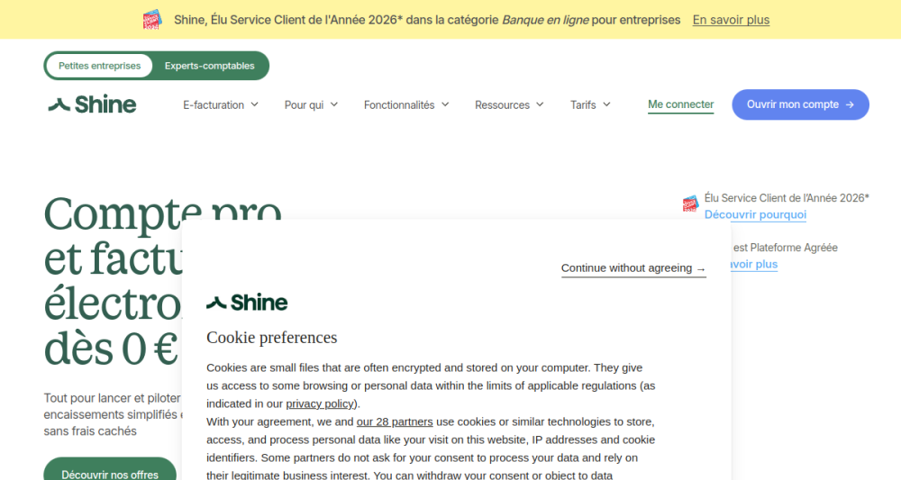 Page d'accueil de Shine, compte pro et création pour indépendants
