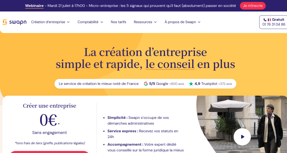 Page d'accueil de Swapn, création d'entreprise à 0 euro